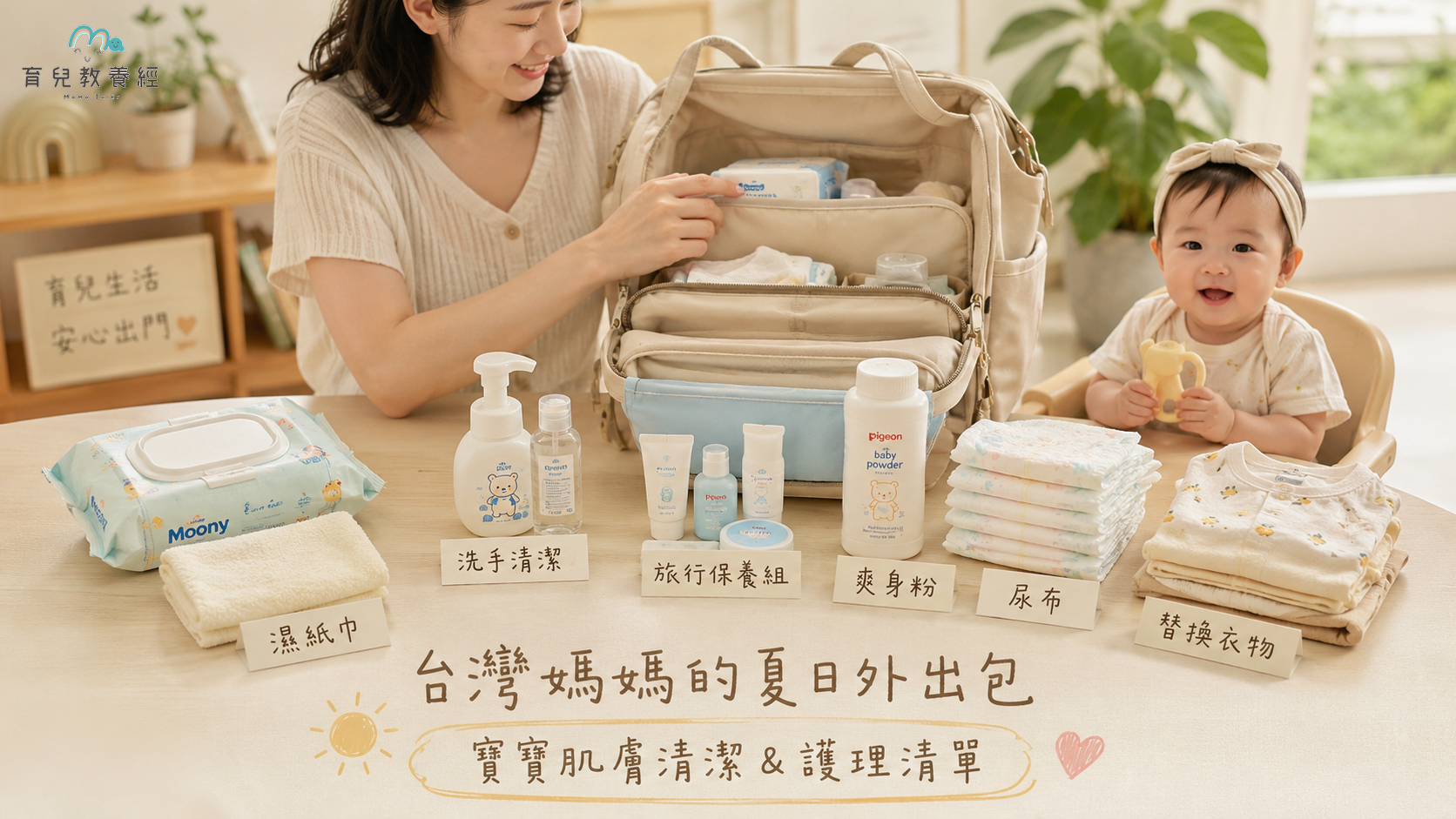 夏天寶寶外出包攤開在桌上,用品依照濕紙巾、洗手液、旅行保養組、爽身粉、尿布與替換衣物分類整理,畫面像媽媽實用清單