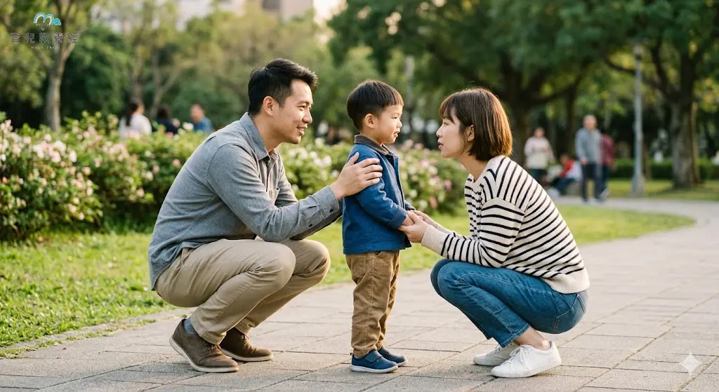 爸媽蹲下來和孩子說話練習規則