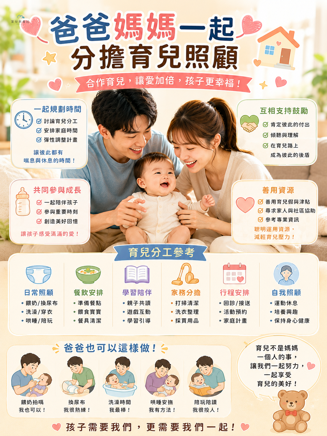 爸爸媽媽一起分擔育兒照顧