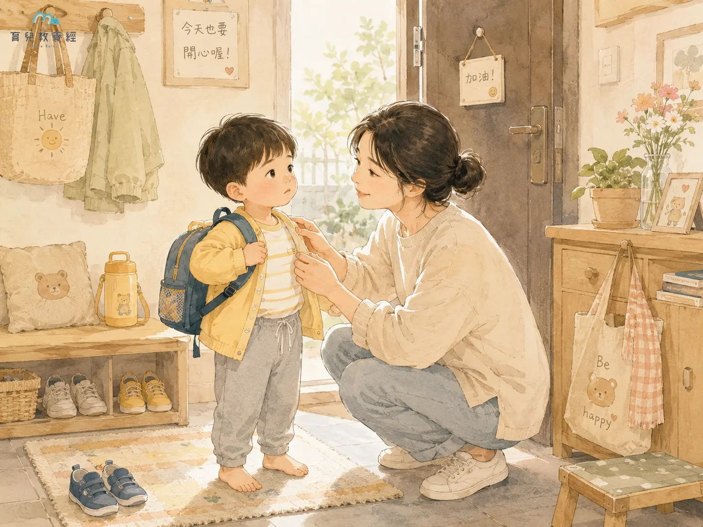 早晨爸媽溫和陪孩子換衣出門