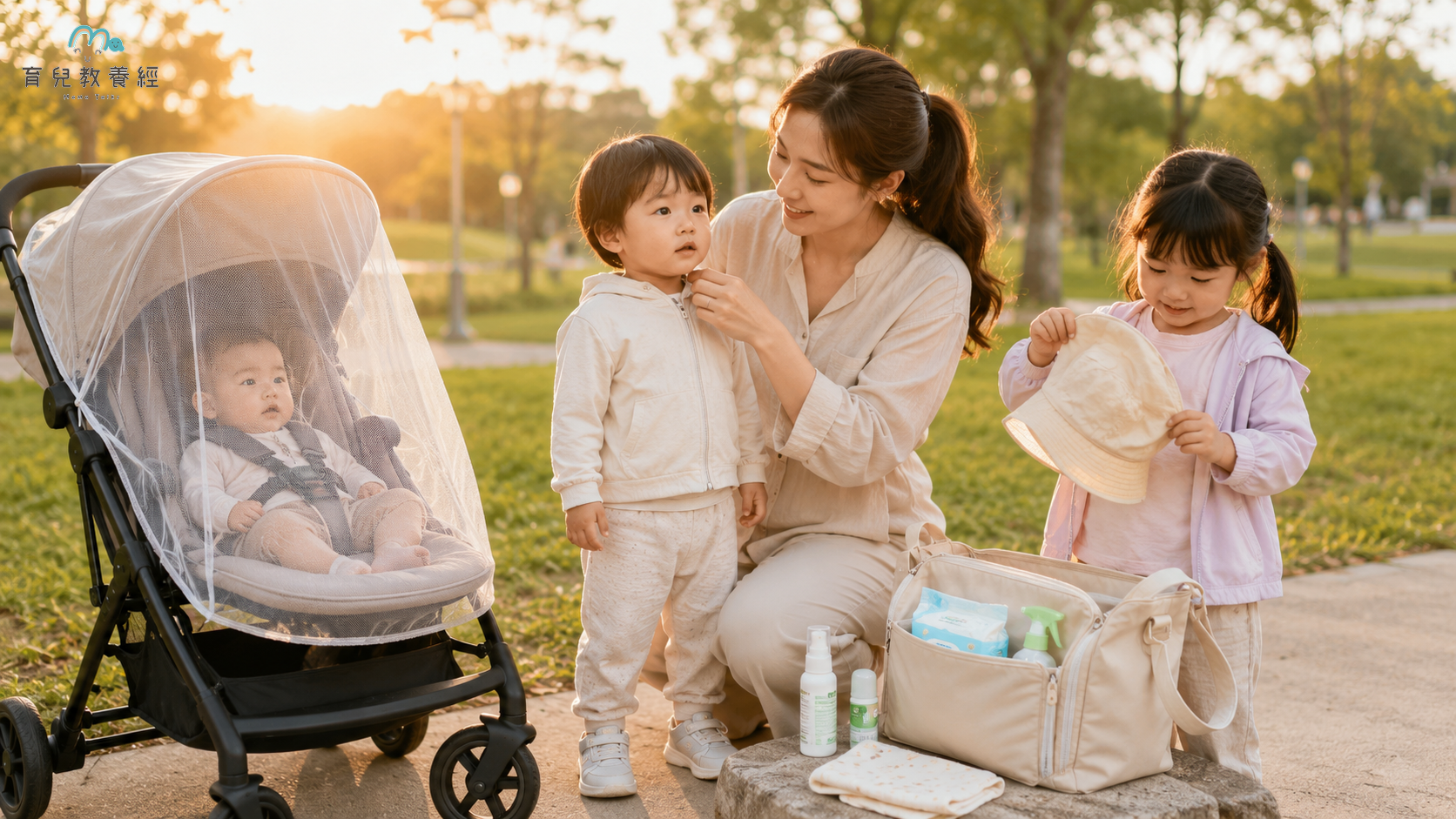 三個不同年齡階段的孩子防蚊情境，嬰兒推車有紗網、幼兒穿薄長袖、學齡前孩子準備出門，畫面清楚分齡又溫暖