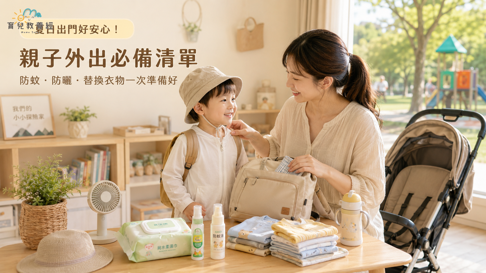 媽媽幫孩子整理夏天外出包,孩子穿著薄長袖準備出門,桌上有防蚊用品、濕紙巾與替換衣物,畫面溫暖明亮