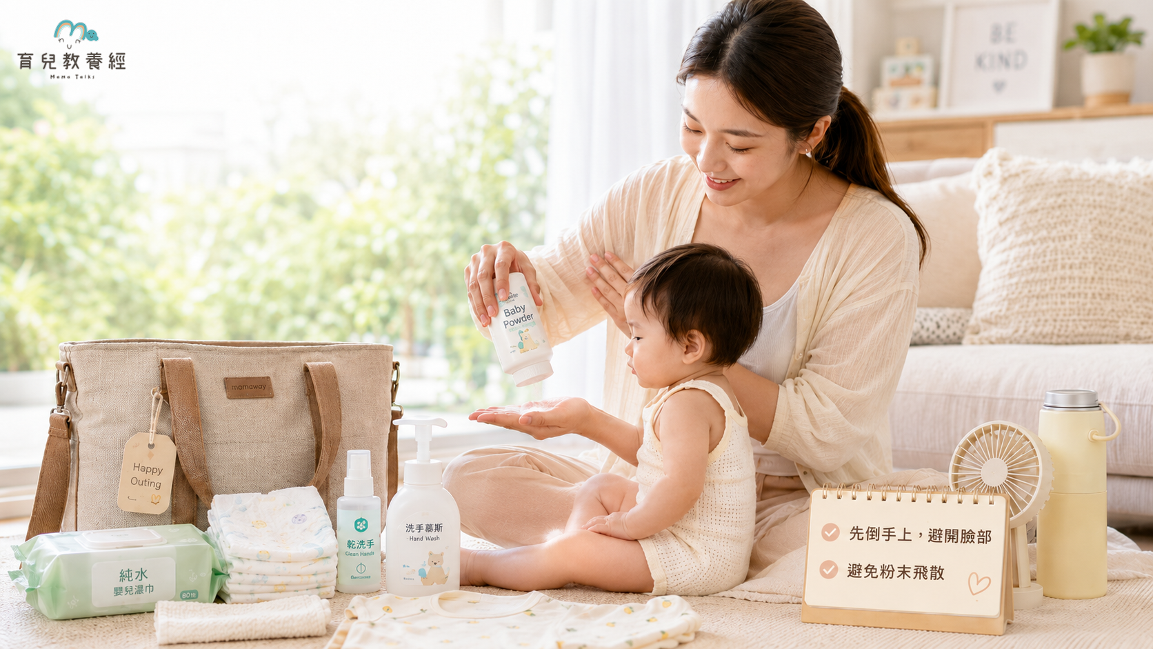 媽媽整理夏天寶寶外出清潔照護包,包包裡有濕紙巾、隨身包濕紙巾、洗手液、尿布、替換衣物、小毛巾、夾鏈袋與旅行保養組