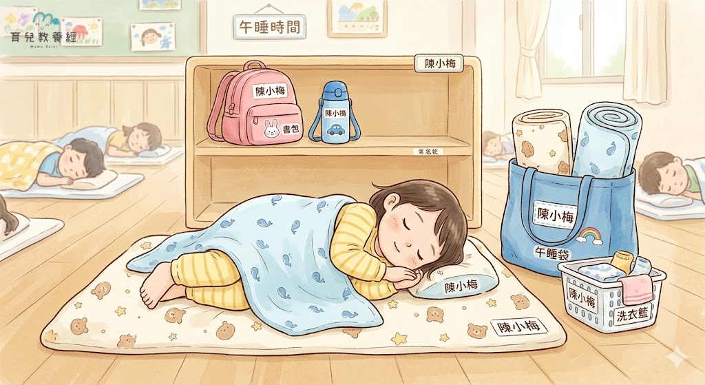 幼幼班孩子躺在午睡墊上睡覺，旁邊有收納袋、姓名貼、洗衣籃和涼感小被子，畫面溫暖乾淨