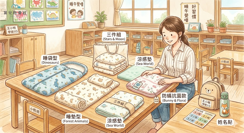 桌上攤開不同類型的幼兒園午睡用品,有睡袋型、睡墊型、三件組、涼感墊和防蟎抗菌款,媽媽正在比較