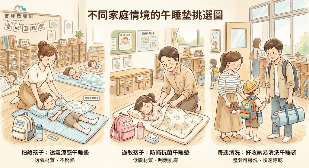 不同家庭情境的午睡墊挑選圖,一邊是怕熱孩子、一邊是過敏孩子、一邊是每週帶回家清洗的爸媽