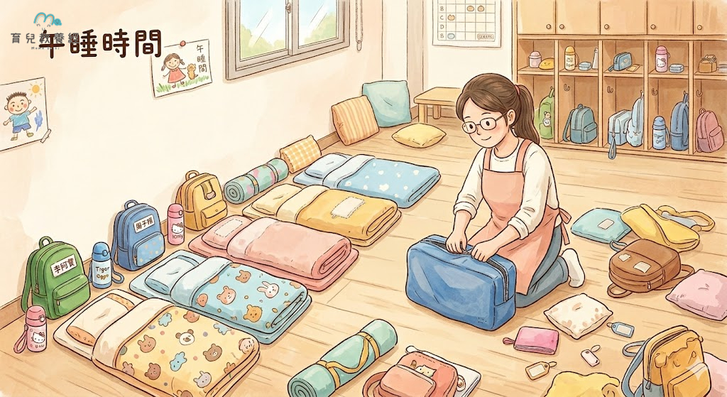 幼兒園老師整理一排孩子的午睡墊,有些太大件、有些姓名沒標清楚、有些收納袋打不開,畫面帶一點真實忙碌感