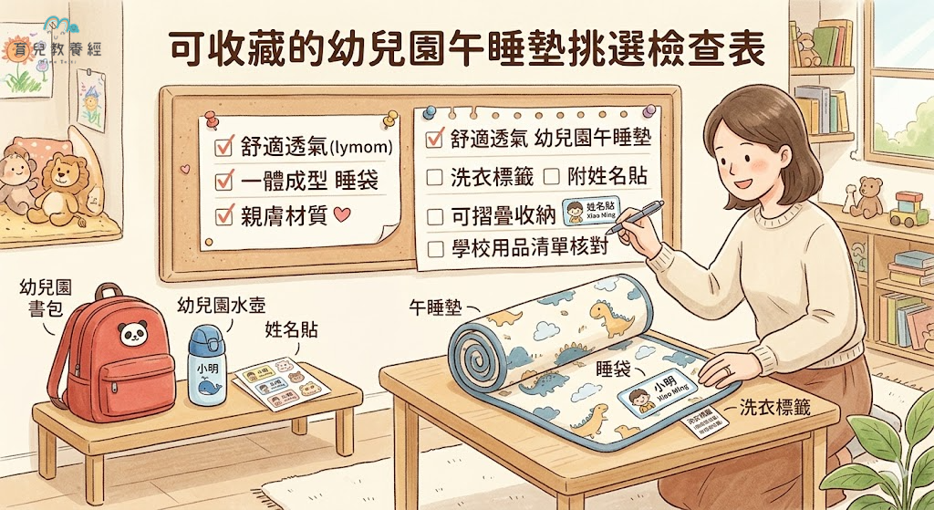 可收藏的幼兒園午睡墊挑選檢查表,畫面有媽媽打勾、午睡墊、姓名貼、洗衣標籤和學校用品清單