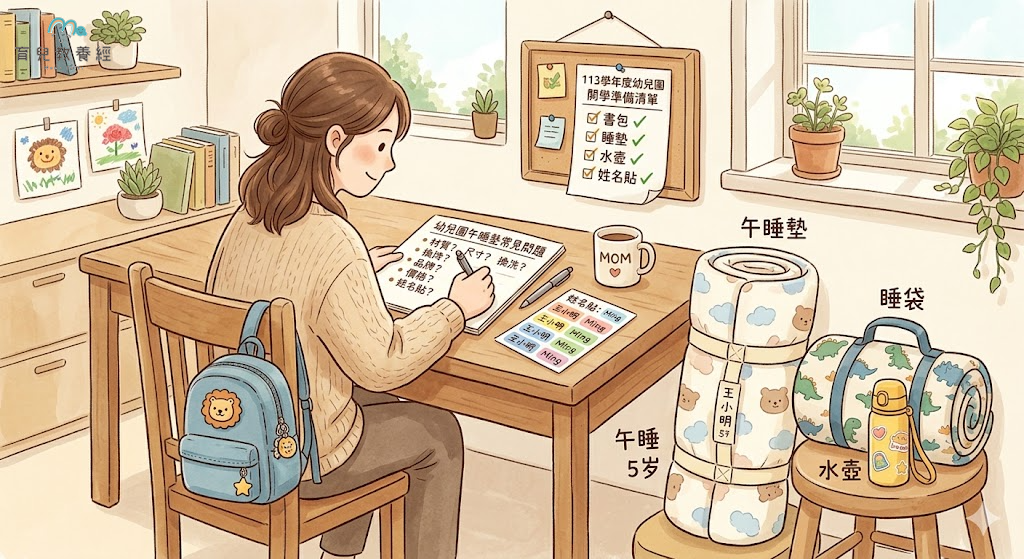 媽媽坐在書桌前整理幼兒園午睡墊常見問題,旁邊有孩子的小書包、睡墊和開學用品清單