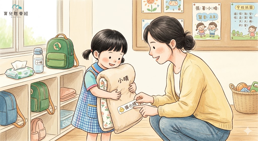 幼兒園孩子抱著自己的午睡墊和小被子,媽媽蹲下來幫孩子整理姓名貼,畫面溫暖安心