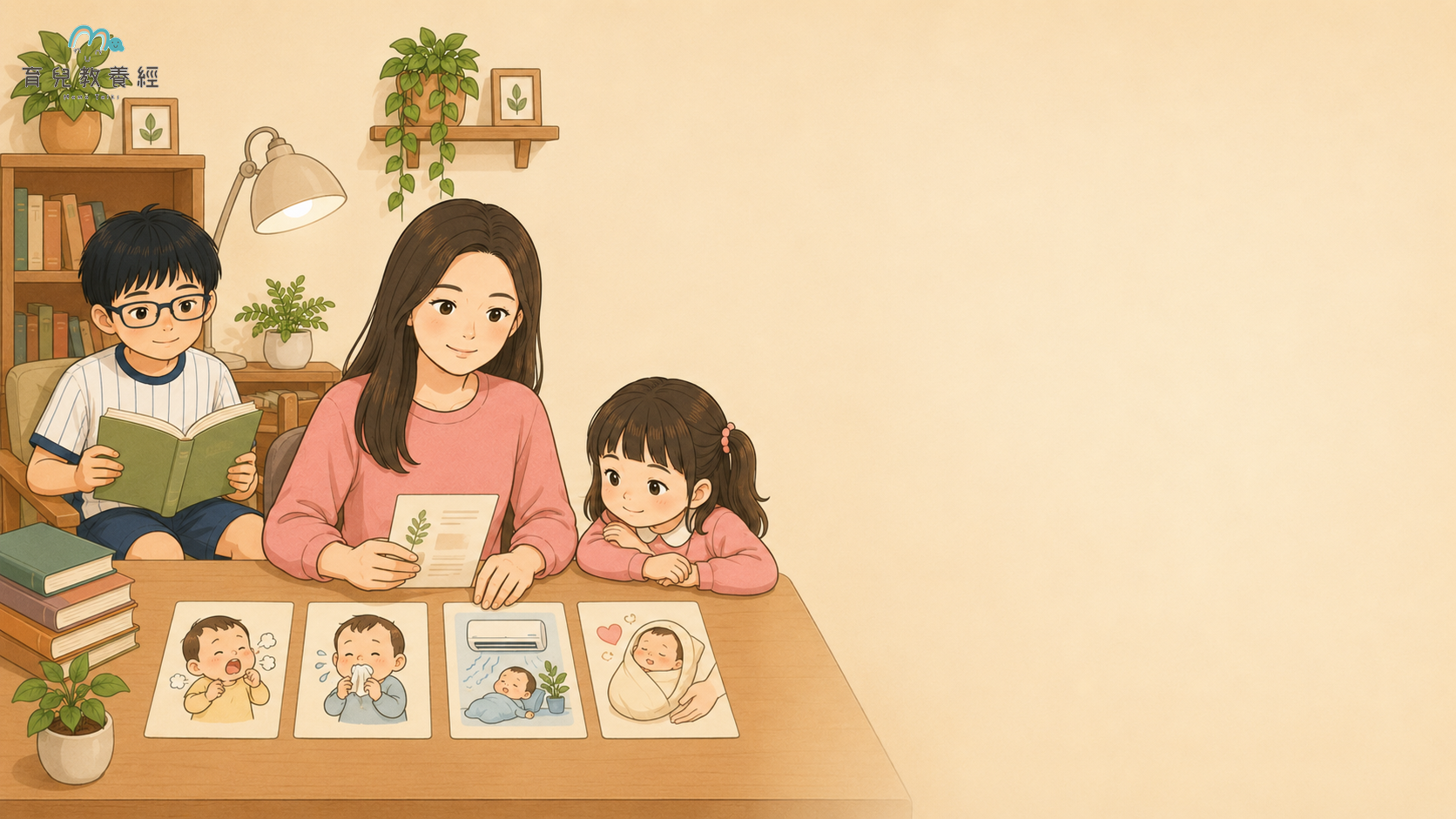育兒教養經固定家庭卡通角色,媽媽晚上幫孩子蓋被子,孩子安穩睡覺,房間乾淨溫暖,有除濕機與柔和夜燈,畫面呈現安心、放鬆與親子照護感,奶油米色背景,右下角預留育兒教