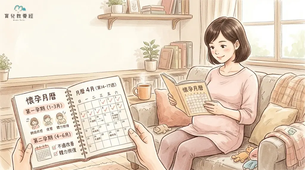 孕婦查看懷孕月曆,從第一孕期的不舒服逐漸走向第二孕期較有精神的狀態,呈現症狀慢慢改善而非突然消失