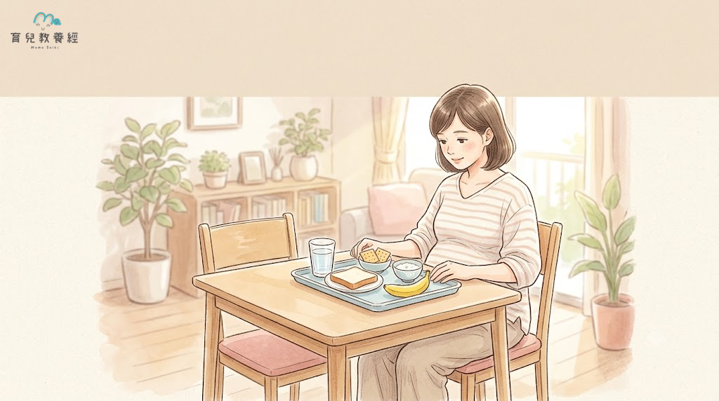 孕婦面前放著少量白吐司、蘇打餅乾、白粥、香蕉與水杯，餐點份量小、種類簡單，呈現不用勉強吃完整餐的概念