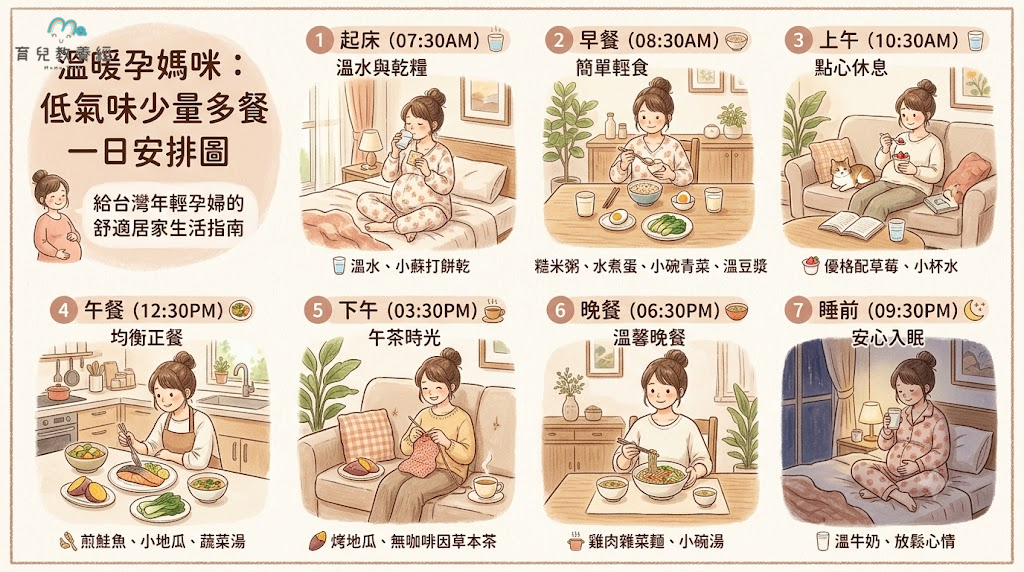 低氣味少量多餐的一日安排圖，從起床、早餐、上午、午餐、下午、晚餐到睡前，每次只有少量食物與小杯飲品
