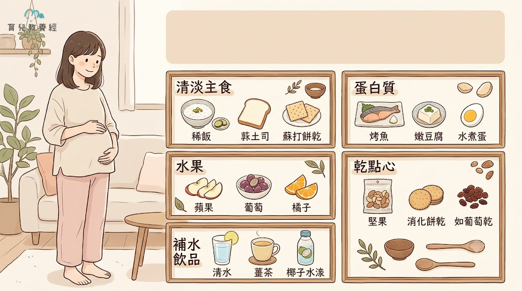 低氣味且較容易入口的食物分類圖，分為清淡主食、蛋白質、水果、乾點心與補水飲品，食物皆為小份量