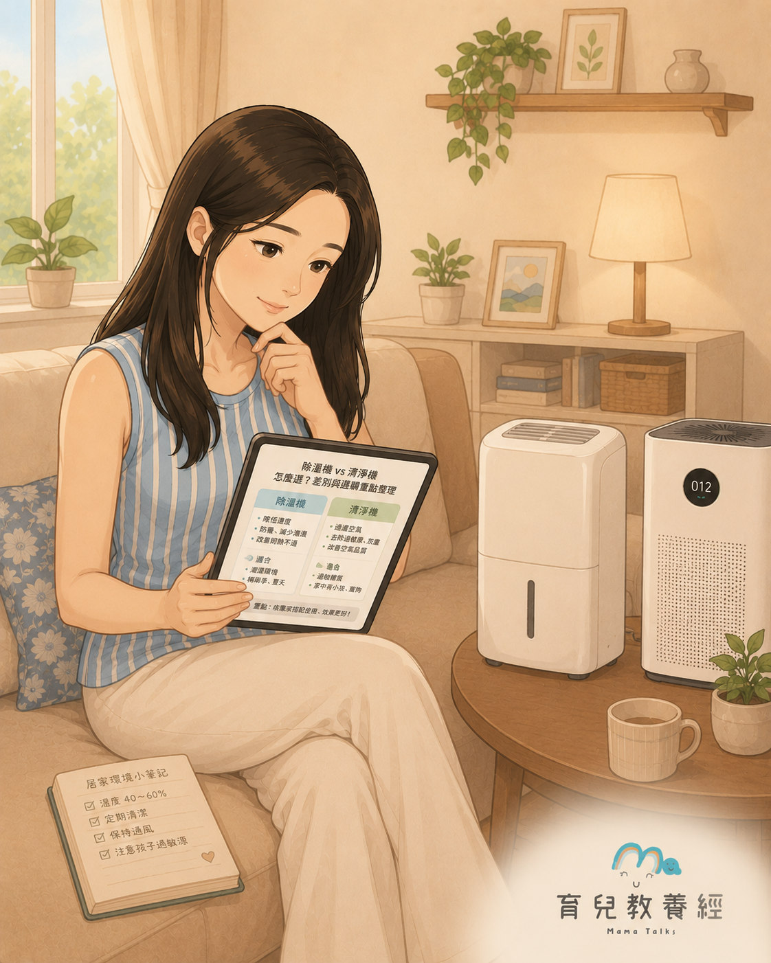媽媽在客廳裡用平板查資料