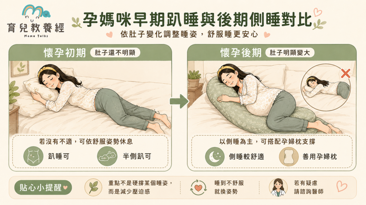 孕媽咪早期趴睡與後期側睡對比