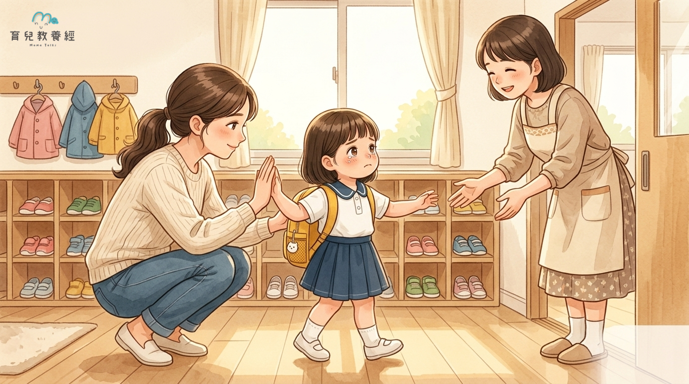 育兒教養經固定家庭卡通角色,幼兒園玄關處,媽媽蹲下與孩子平視,給孩子一個溫暖的深情擁抱並輕輕擊掌,眼神堅定溫和,孩子雖然眼眶泛紅但願意伸出手向老師走去