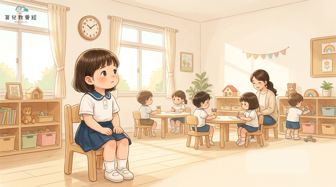 育兒教養經固定家庭卡通角色,幼兒園教室內熱鬧但規律,小朋友坐在木質小椅子上看著時鐘與同儕,神情帶著困惑與不安,背景明亮溫馨,呈現團體生活的秩序感
