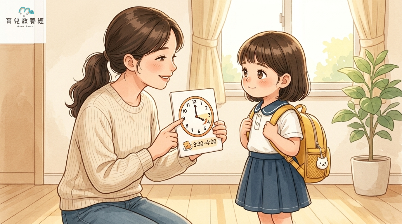 育兒教養經固定家庭卡通角色,媽媽手拿一個指針時鐘圖卡,向孩子比著吃點心後的作息,明確指著「下午吃完點心媽媽就來接你」,孩子眼神專注聆聽,充滿信任感