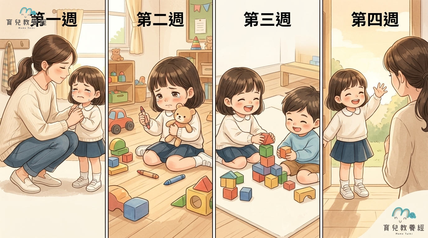 育兒教養經固定家庭卡通角色,四格連續插圖呈現孩子入園第一週至第四週的變化,從小哭臉拉著手、到與同學搭積木、最後開心地笑著跟媽媽揮手說再見,色調明亮歡樂