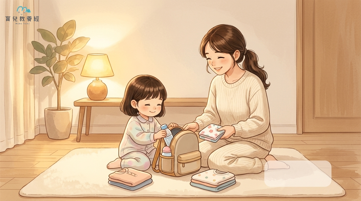 育兒教養經固定家庭卡通角色,溫暖的客廳夜燈下,媽媽跟孩子坐在地墊上一起把水壺、手帕與備用衣物放進小書包,孩子露出放鬆的微笑,畫面充滿安心睡前的氛圍