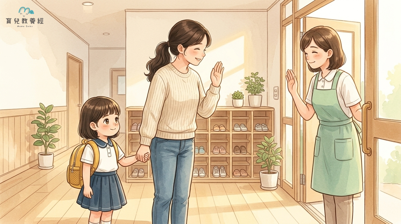 育兒教養經固定家庭卡通角色,幼兒園校門口,媽媽牽著孩子的手向老師點頭致意,媽媽表情平靜溫和,展現堅定陪伴的態度,陽光溫暖灑在校園門廊