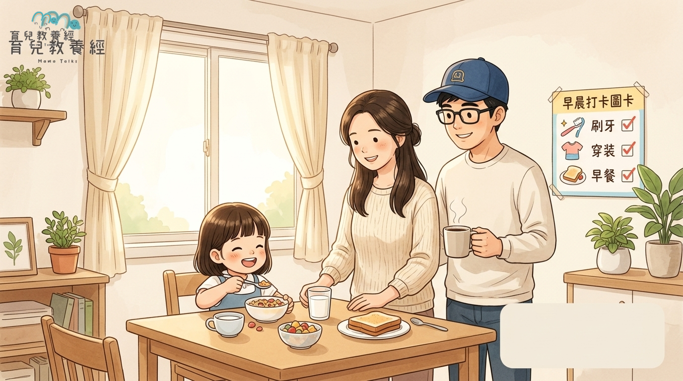 育兒教養經固定家庭卡通角色,陽光灑落的飯廳,牆上貼著可愛的早晨起床打卡圖卡,小朋友自己拿著湯匙吃早餐,爸媽在旁神情從容微笑陪伴,整體氛圍井然有序不慌亂