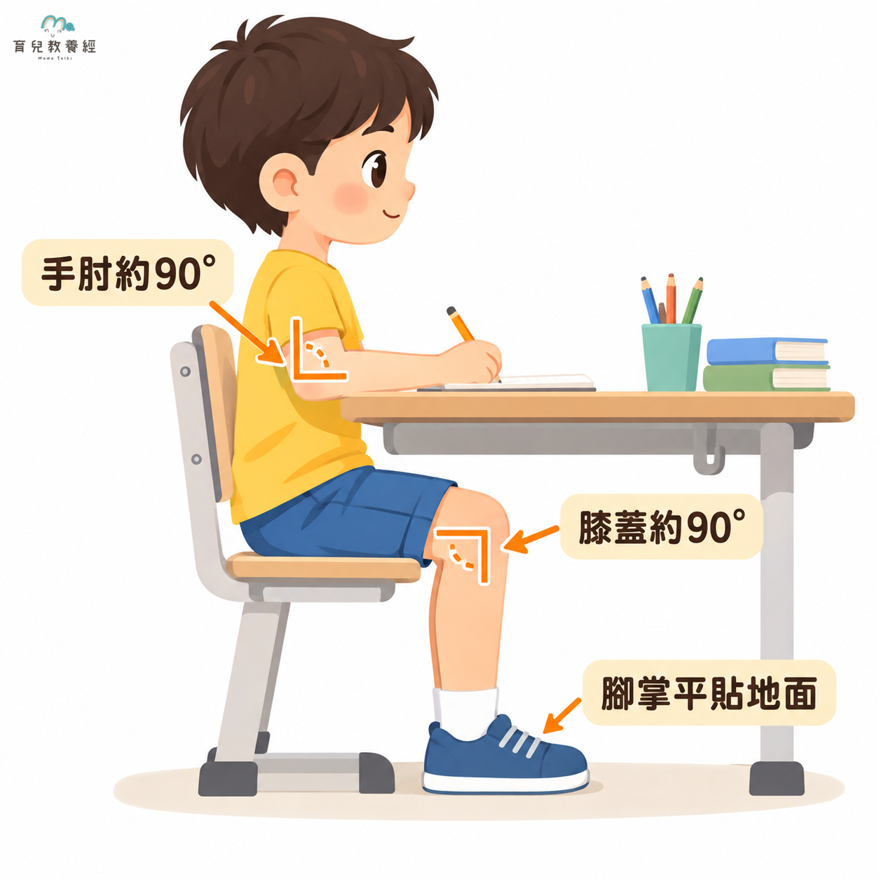 兒童桌椅高度判斷圖卡,呈現手肘、膝蓋與腳掌位置