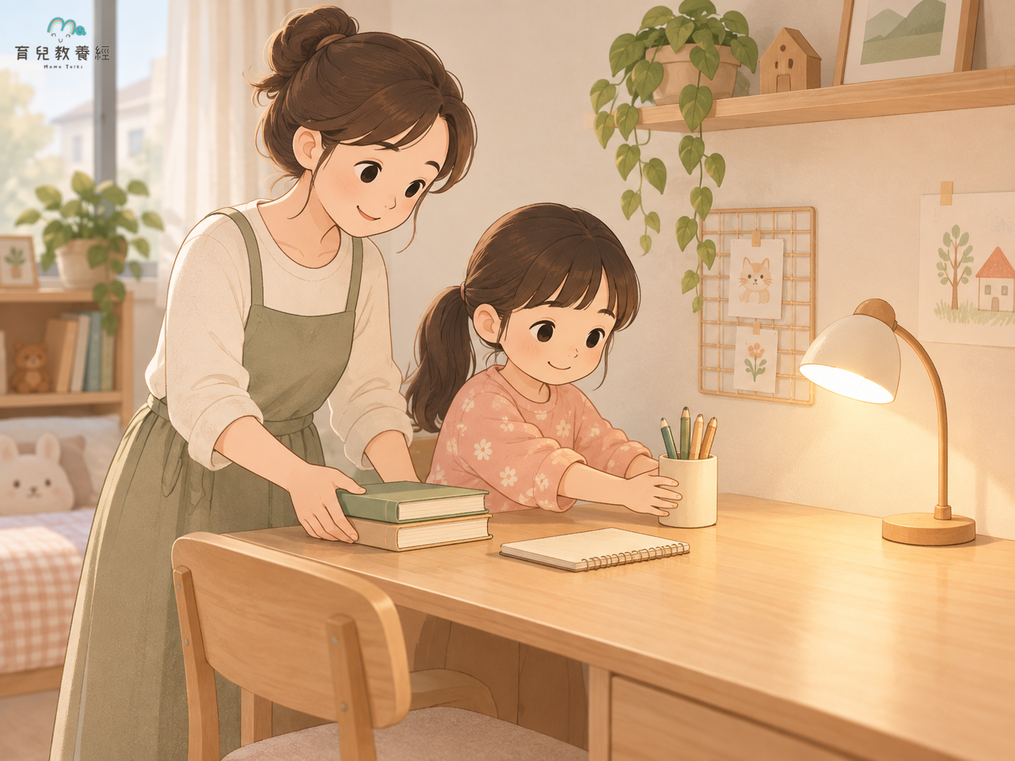 媽媽陪孩子整理固定書桌,桌面簡單,氣氛平靜