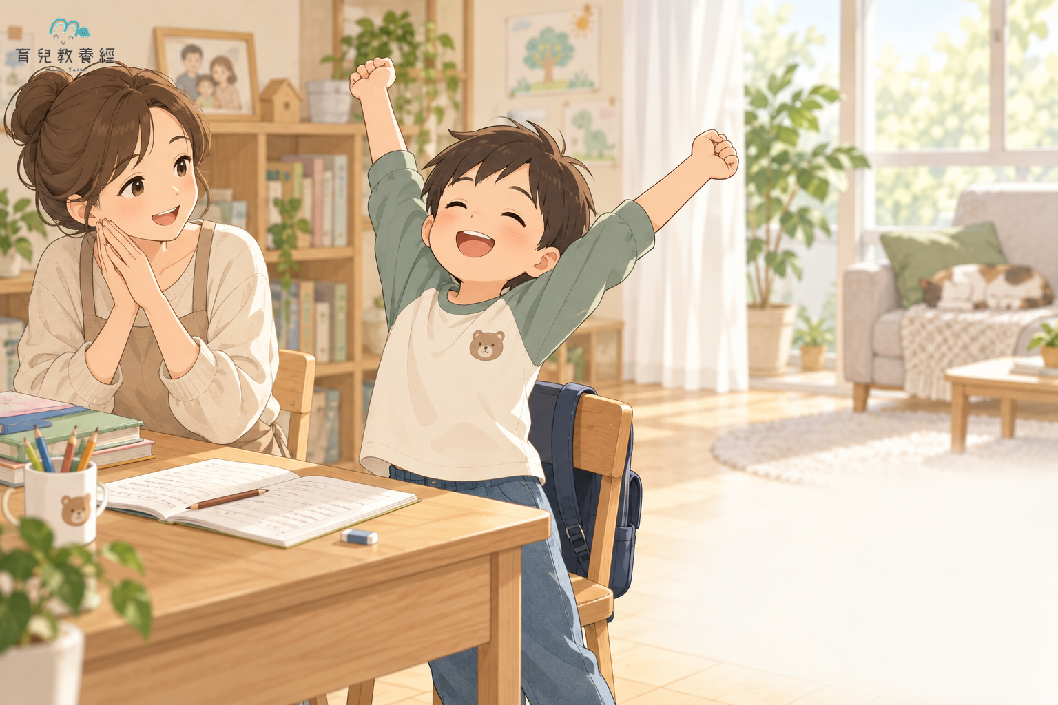 小學生寫完一段功課後伸展活動,媽媽在旁陪伴