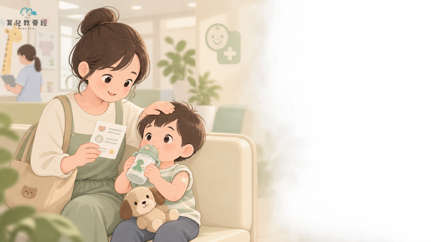 育兒教養經固定家庭卡通角色,孩子接種後坐在診所觀察區喝水休息,媽媽輕摸孩子額頭並查看接種注意事項,環境明亮安全,孩子表情放鬆,中央構圖,右側預留文字空間